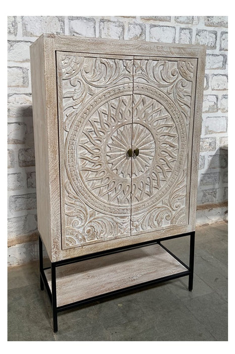 Meuble sculpté mandala en bois de manguier Almirah avec 2 portes et un compartiment de rangement ouvert 90 x 40 x 150 cm