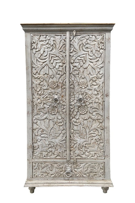 Almirah Cabinet Mango Wood Flowers Carved with 2 Doors and 1 Drawer 90 x 40 x 180 cm