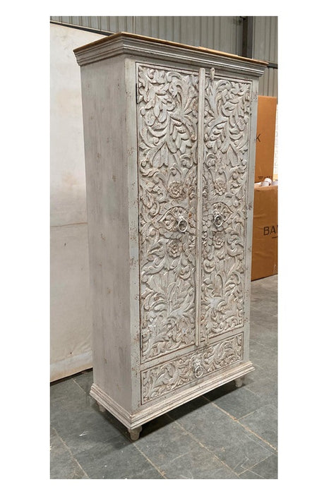 Almirah Cabinet Mango Wood Flowers Carved with 2 Doors and 1 Drawer 90 x 40 x 180 cm