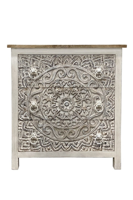 Commode en bois de manguier sculpté mandala avec 3 tiroirs 90 x 40 x 100 cm