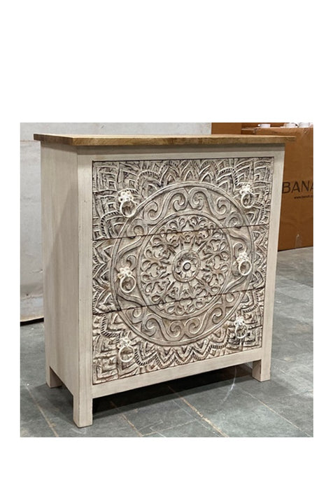 Commode en bois de manguier sculpté mandala avec 3 tiroirs 90 x 40 x 100 cm