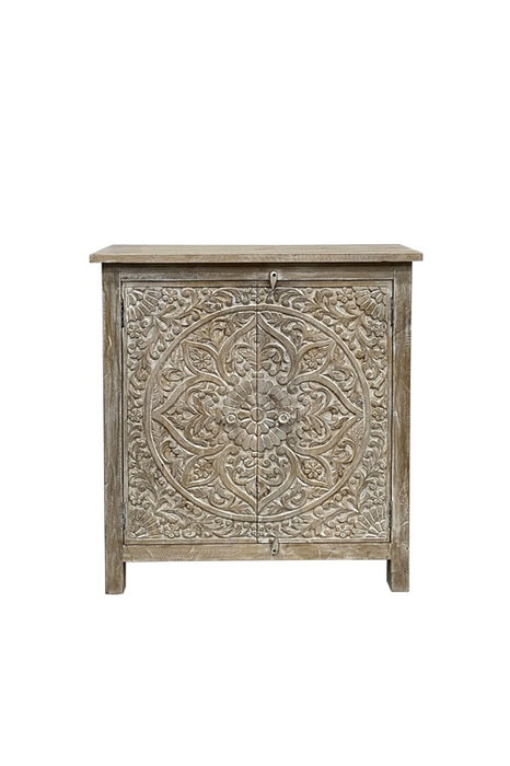 Chest of drawers mango wood mandala carved with 2 doors 90 x 40 x 100 cm