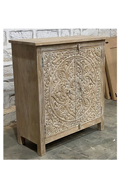 Chest of drawers mango wood mandala carved with 2 doors 90 x 40 x 100 cm