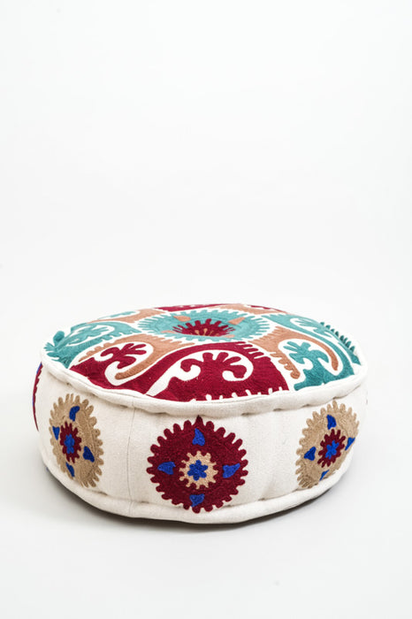 Puff bestickt petrol/rot/braun 60x20 cm