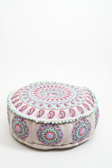 Pouf brodé bleu clair/rose 60x20 cm