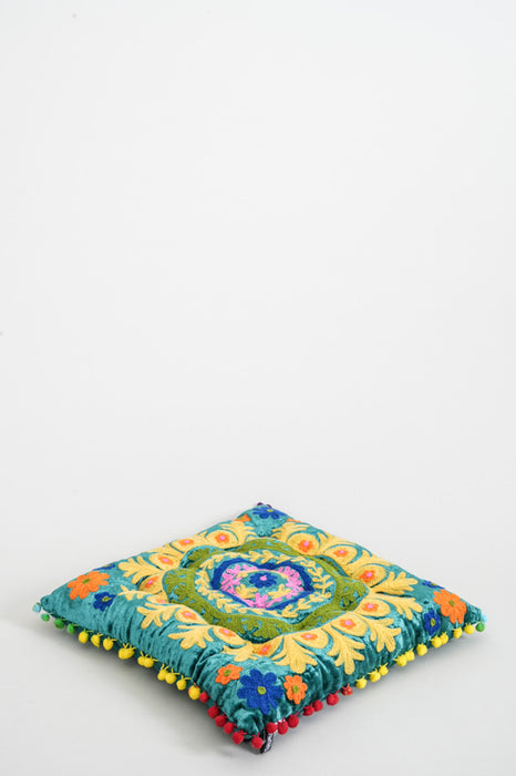 Coussin d'assise velours Gaddi brodé bleu/multicolore 40x40 cm