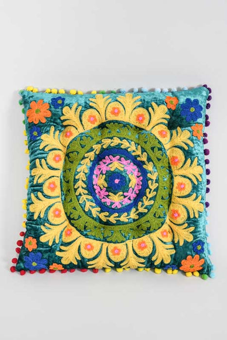 Coussin d'assise velours Gaddi brodé bleu/multicolore 40x40 cm