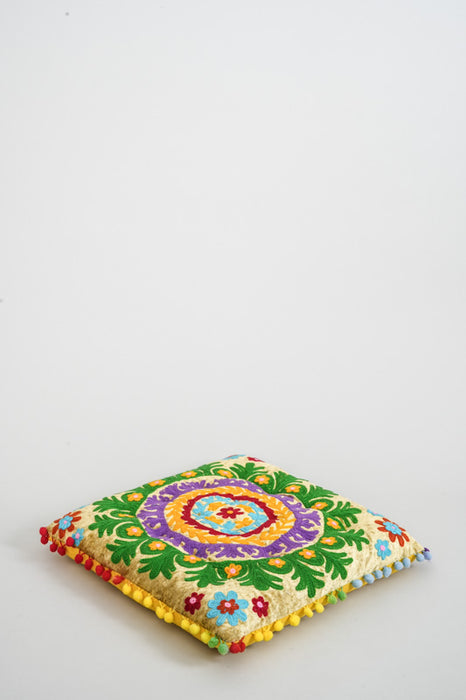 Coussin d'assise velours Gaddi brodé jaune/multicolore 40x40 cm