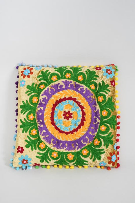 Coussin d'assise velours Gaddi brodé jaune/multicolore 40x40 cm