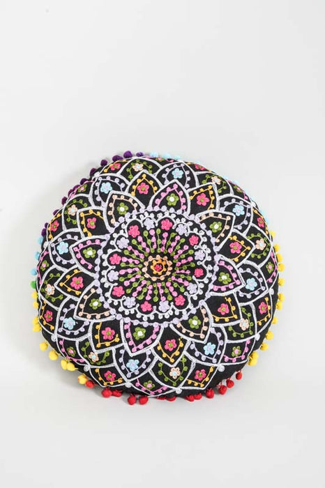 Seat cushion round Gaddi embroidered black/multicolor 40 cm