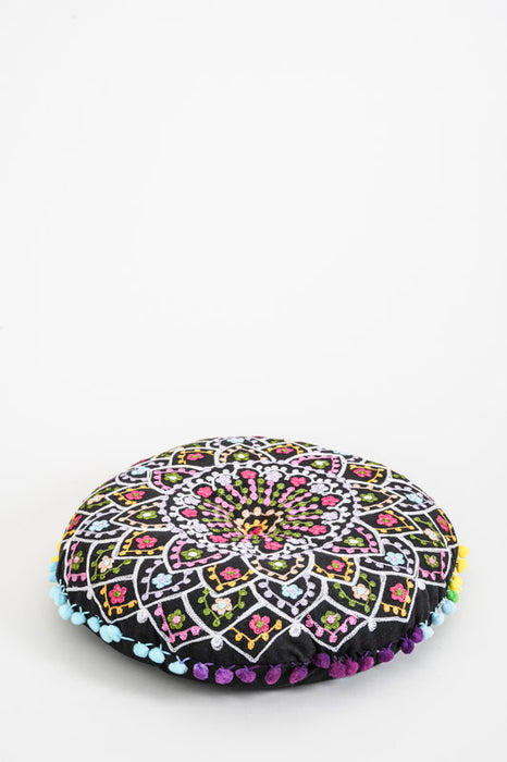 Seat cushion round Gaddi embroidered black/multicolor 40 cm