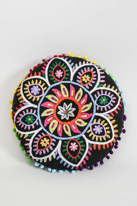 Seat cushion round Gaddi embroidered black/multicolor 40 cm