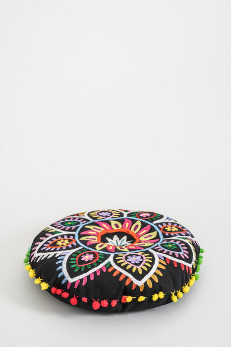 Seat cushion round Gaddi embroidered black/multicolor 40 cm