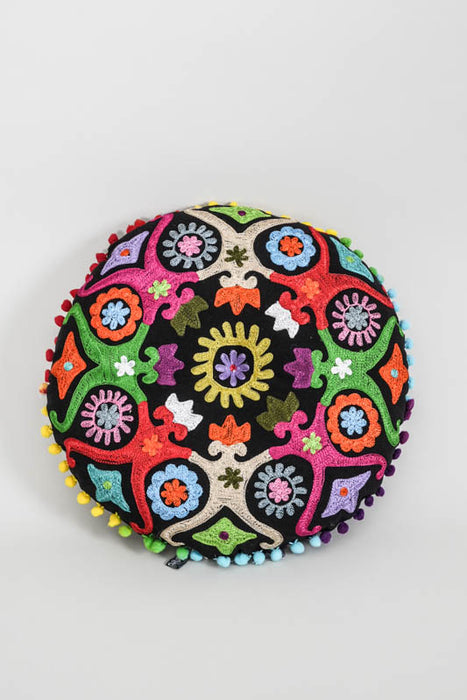 Seat cushion round Gaddi embroidered black/multicolor 40 cm