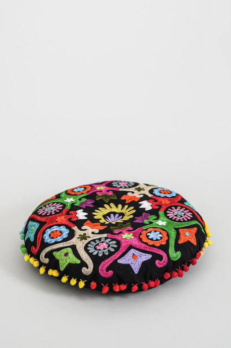 Seat cushion round Gaddi embroidered black/multicolor 40 cm