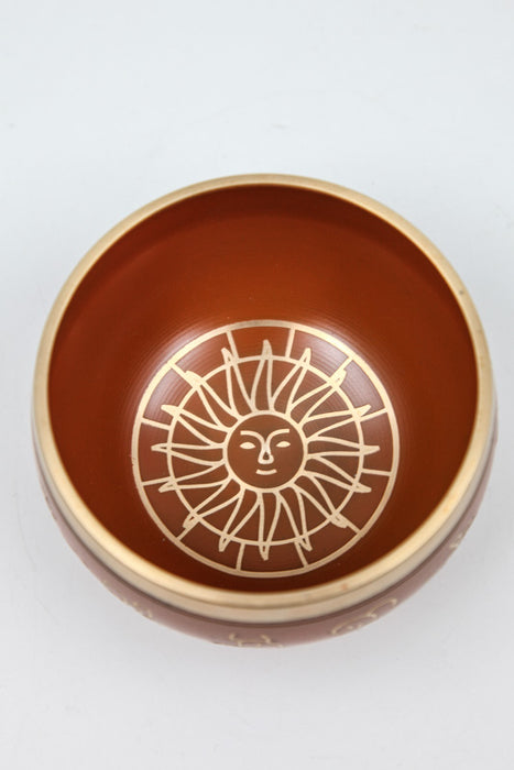 Bol chantant soleil/zodiaque orange avec maillet en cuir 9,5 cm
