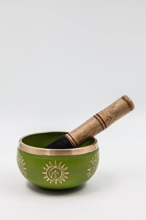 Singing bowl sun/moon green with leather mallet 11 cm