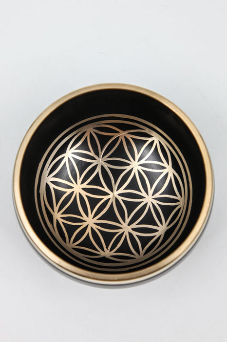 Singing bowl flower of life black with leather mallet 9.5 cm