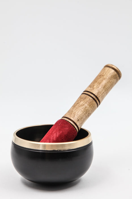 Singing bowl flower of life black with leather mallet 9.5 cm