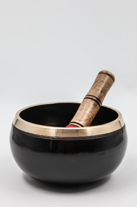 Bol chantant fleur de vie noir avec maillet en cuir 14 cm