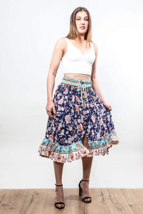 Jupe Bali Batik à motifs floraux bleu marine - Taille unique