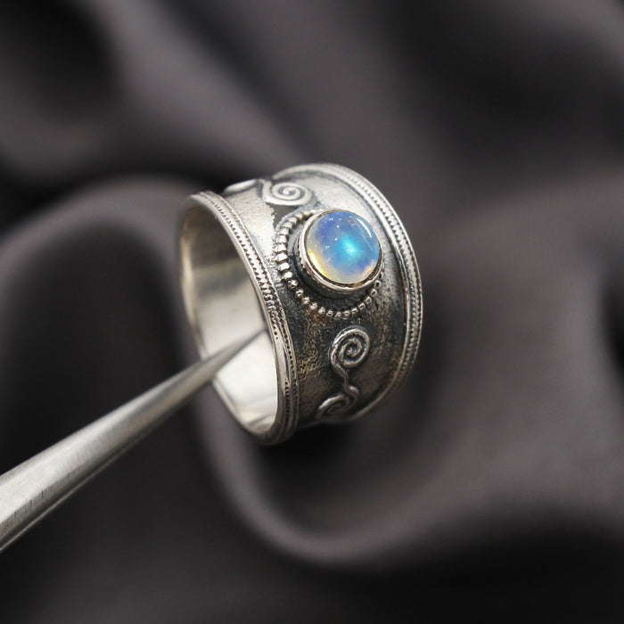 Bague argent pierre de lune arc-en-ciel