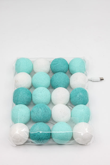 Lichterkette Cotton Balls USB weiss/türkis
