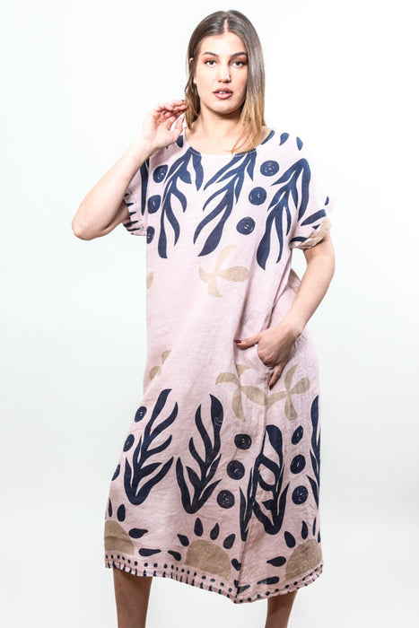 Robe en lin à manches courtes et longues à motifs vieux rose - Taille unique