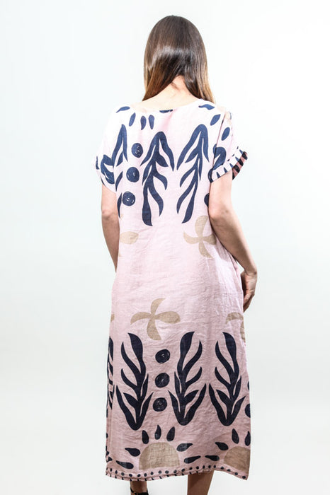 Robe en lin à manches courtes et longues à motifs vieux rose - Taille unique