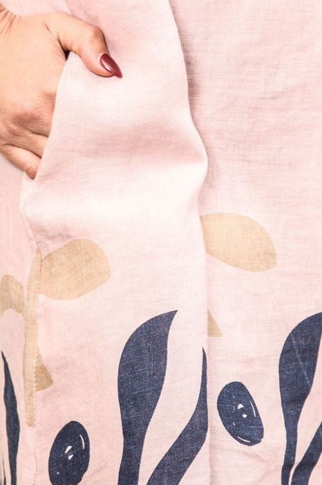 Robe en lin à manches courtes et longues à motifs vieux rose - Taille unique