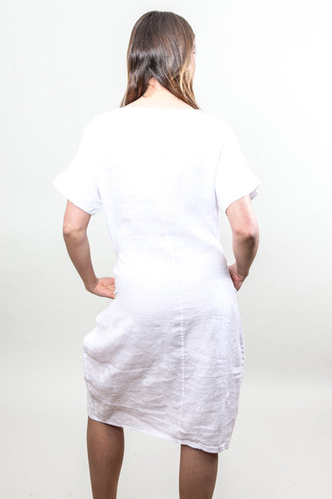 Linen dress short sleeve white embroidered circles - One Size
