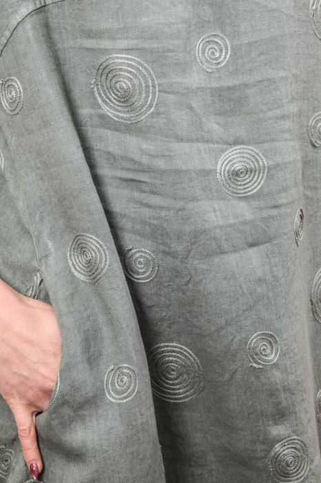 Leinenkleid kurzarm khaki gestickte Kreise - One Size