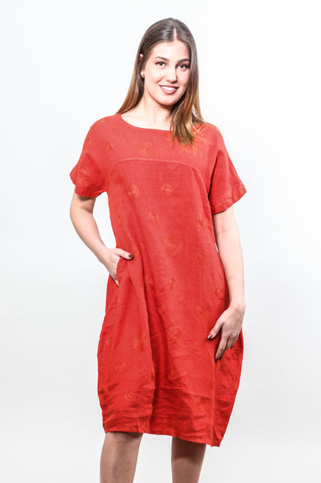 Linen dress short sleeve red embroidered circles - One Size