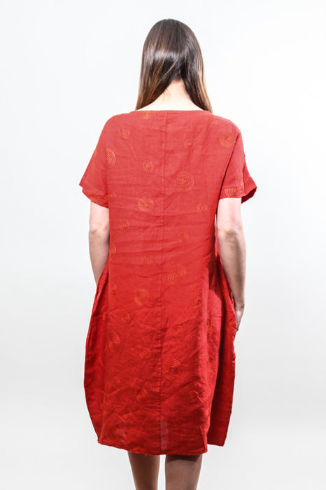 Linen dress short sleeve red embroidered circles - One Size
