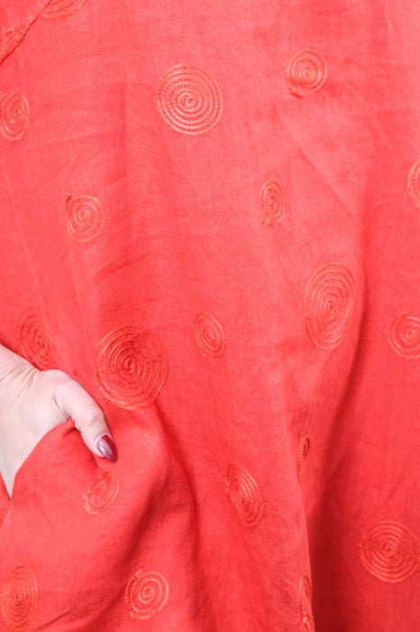Linen dress short sleeve red embroidered circles - One Size