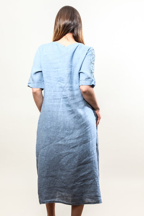 Linen dress long denim blue - one size