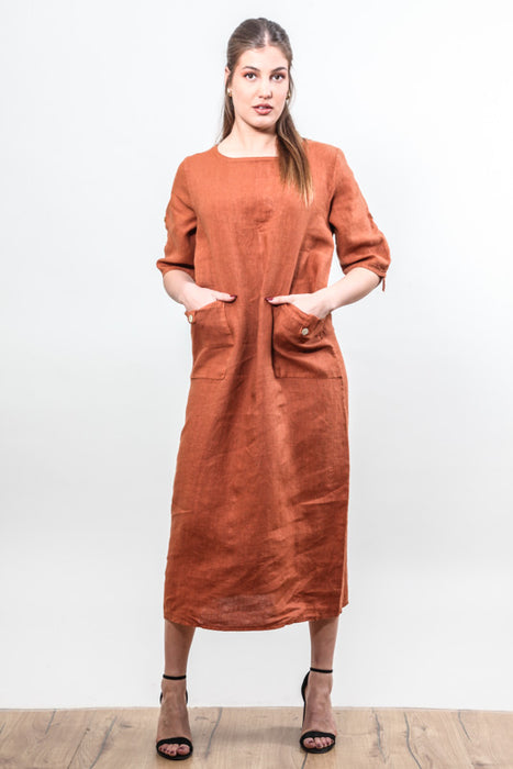 Leinenkleid seitlich 2 Taschen rost - One Size