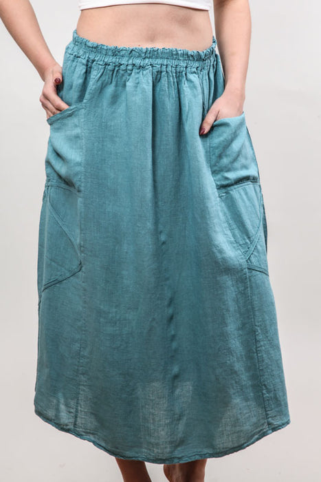Long linen skirt with side pockets petrol - One Size