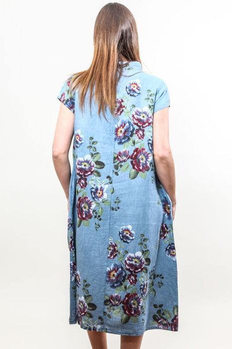 Long linen dress with blue floral pattern - One Size