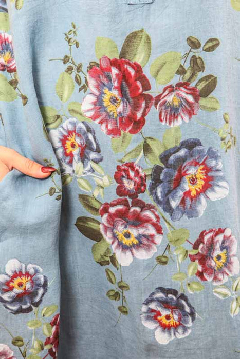Long linen dress with blue floral pattern - One Size