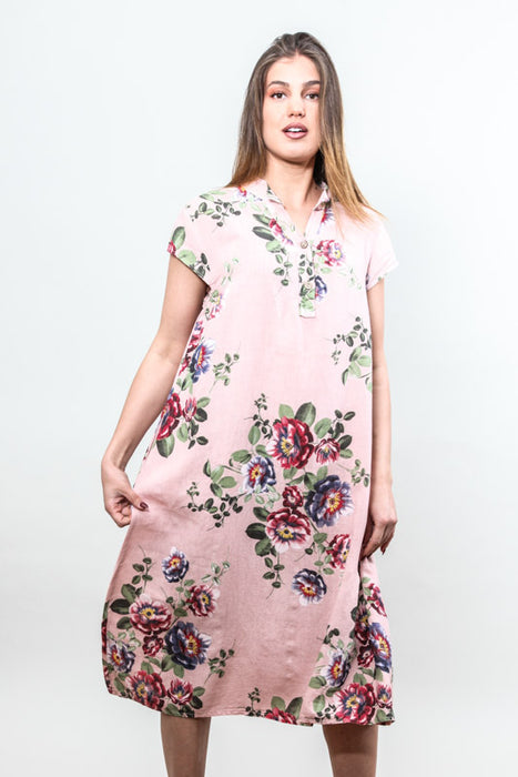 Long linen dress with old pink floral pattern - One Size