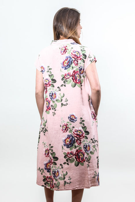 Long linen dress with old pink floral pattern - One Size