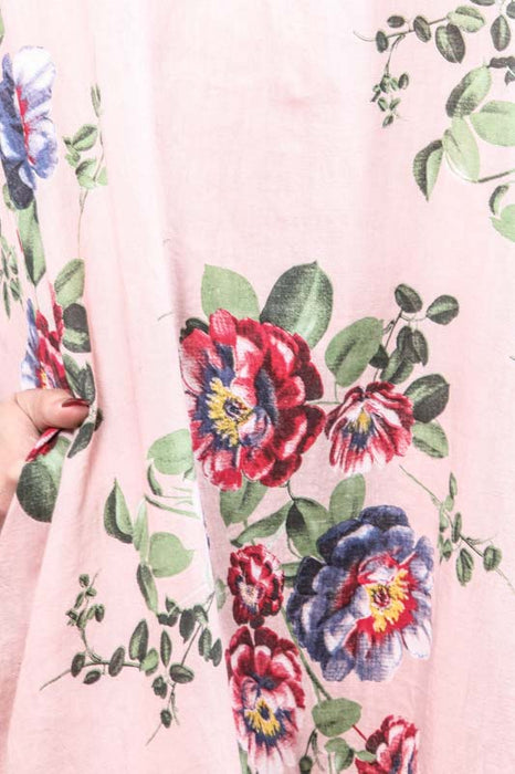 Long linen dress with old pink floral pattern - One Size