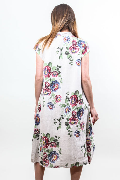 Leinenkleid lang beige Blumenmuster - One Size