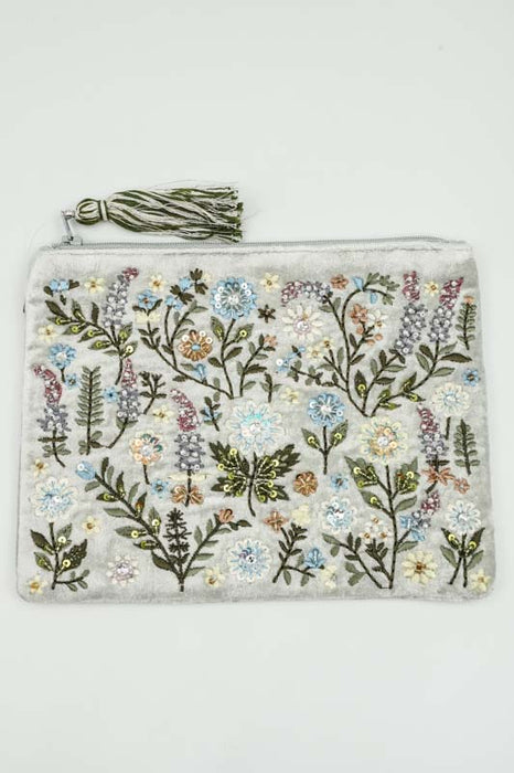 Petit sac à motifs de fleurs et de feuilles, beige/vert foncé/bleu clair/multicolore, 15 x 20 cm