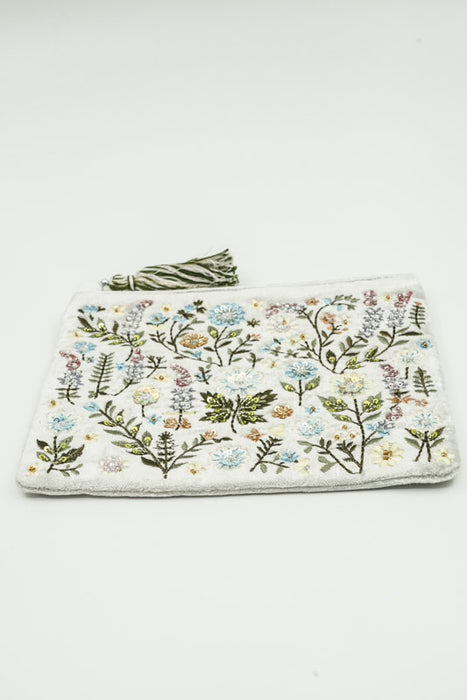 Petit sac à motifs de fleurs et de feuilles, beige/vert foncé/bleu clair/multicolore, 15 x 20 cm