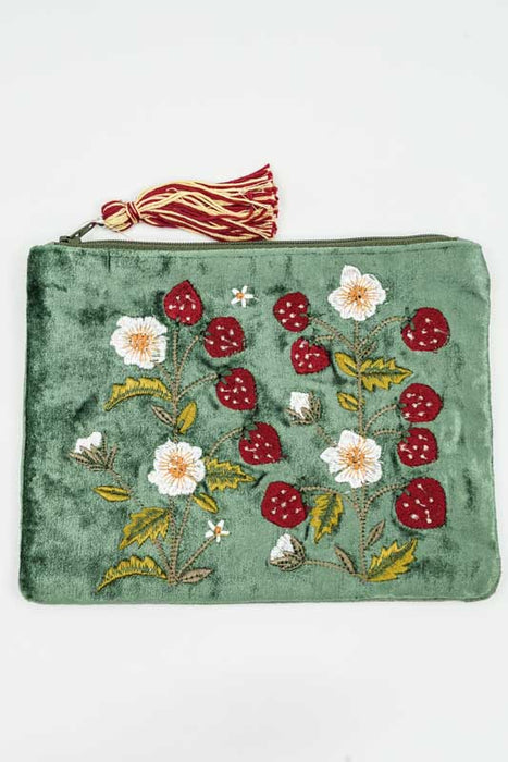 Small bag with strawberries and flowers, green/white/red/multicolor, 15x20cm