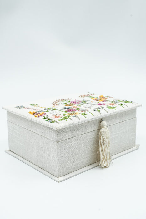 Jewelry box with flowers, dark green/purple/yellow/multicolor, 15x20cm