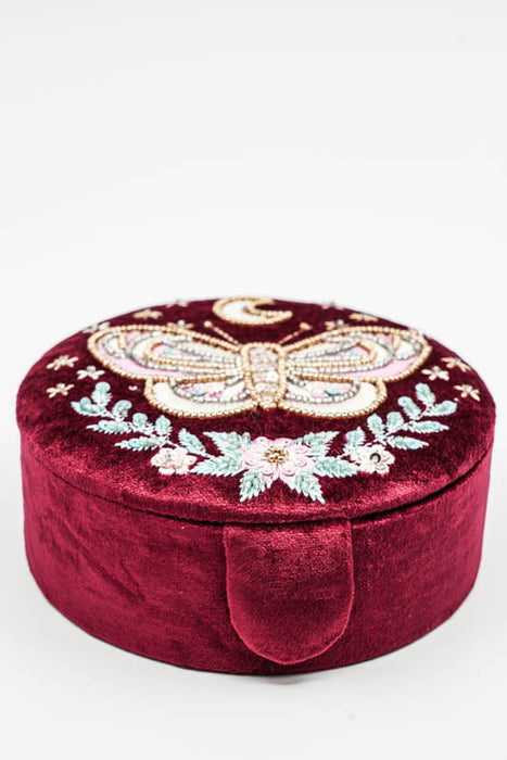 Round jewelry box with butterfly design, dark red/pink/light blue/multicolor, 13.75 cm