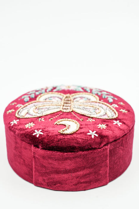 Round jewelry box with butterfly design, dark red/pink/light blue/multicolor, 13.75 cm